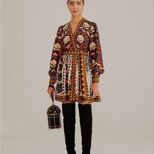 New With Tags Farm Rio Multicolor Tapestry Garden V Neck Wrap Mini Dress